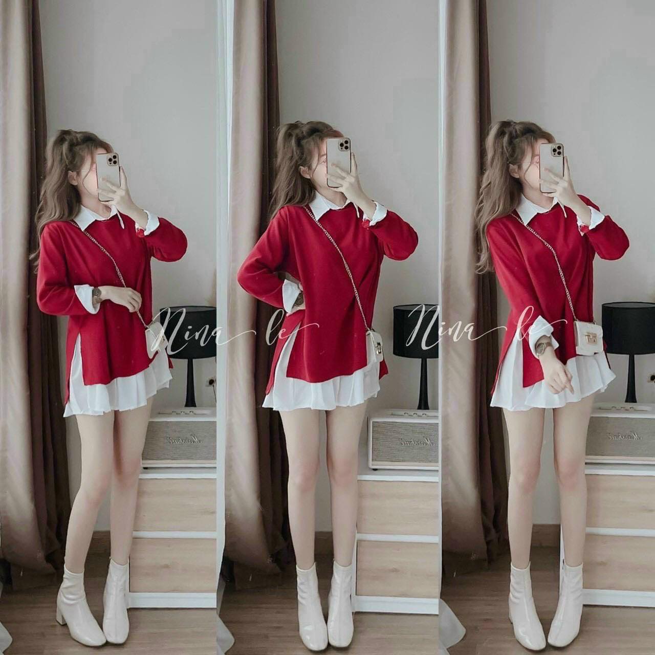 [Mẫu Hot] Sét Đồ Bộ Áo Sơ Mi Trắng Giả Váy Xếp Ly Phối Áo Thun Gân Xẻ tà Tay Dài Thời Trang Kiểu Cách Đi Chơi, Đi Dự Tiệc D.ONE FASHION, Mẫu Free Size (40-55Kg) Mặc Vừa