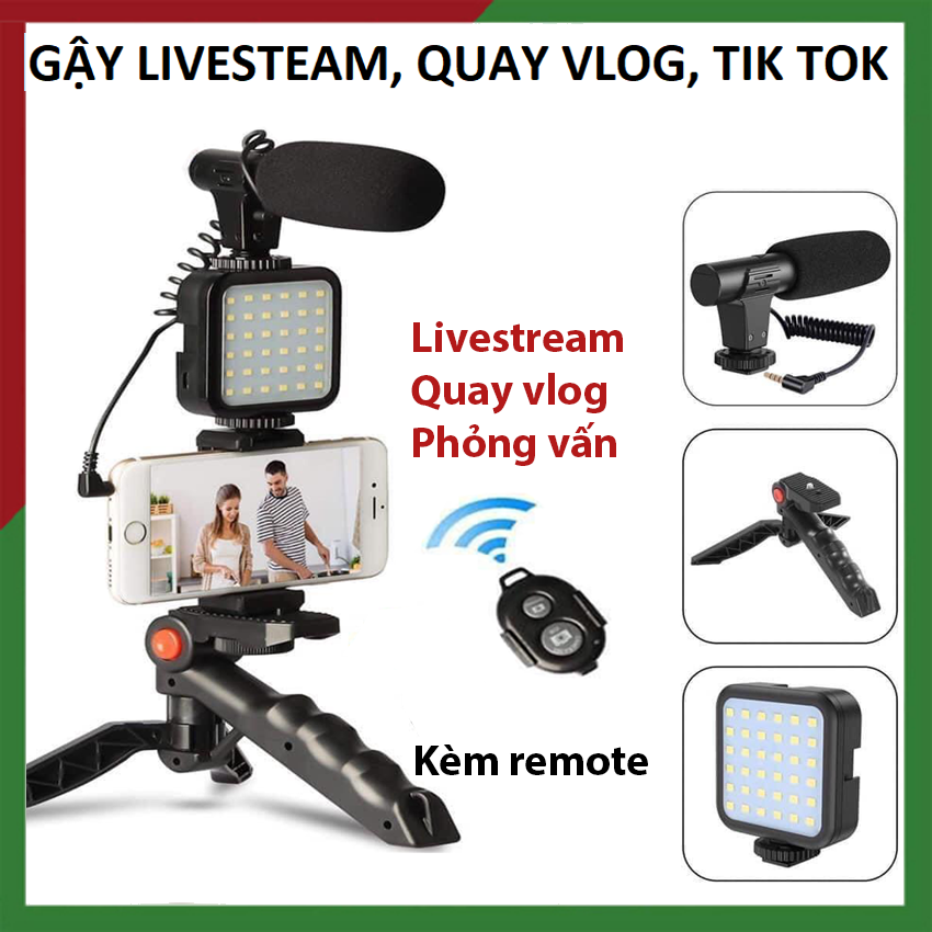 Gậy live stream, quay phim, chụp ảnh 3 chân có micro và đèn LED. Gậy vlog kèm remote quay tik tok, phỏng vấn. Gía đỡ điện thoại tripod 3 chân