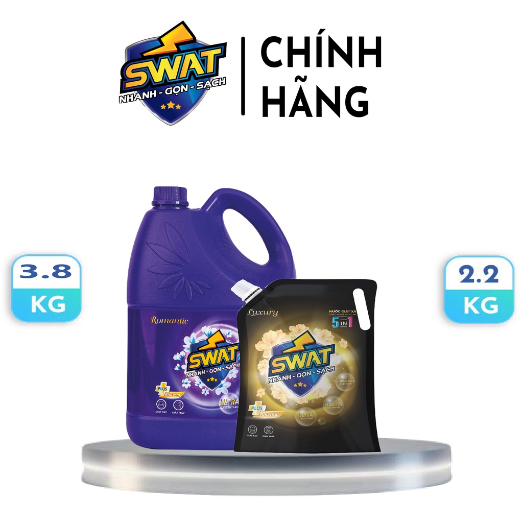 Combo 2 nước giặt xả swat gồm 1 can romantic 3.8kg và 1 túi luxury 2.2kg