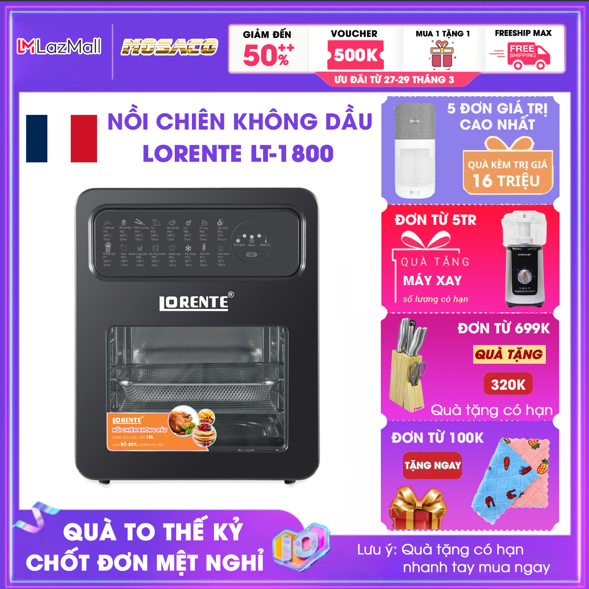 Nồi Chiên Không Dầu Lorente LT-1800 Dung Tích Khổng Lồ 18L công suất 1700W cấu tạo 100% INOX siêu bền,không rỉ. Nồi chiên không dầu Thiết kế tinh tế với màn hình cảm ứng LCD và 16 chức năng hoàn hảo - MOSACO