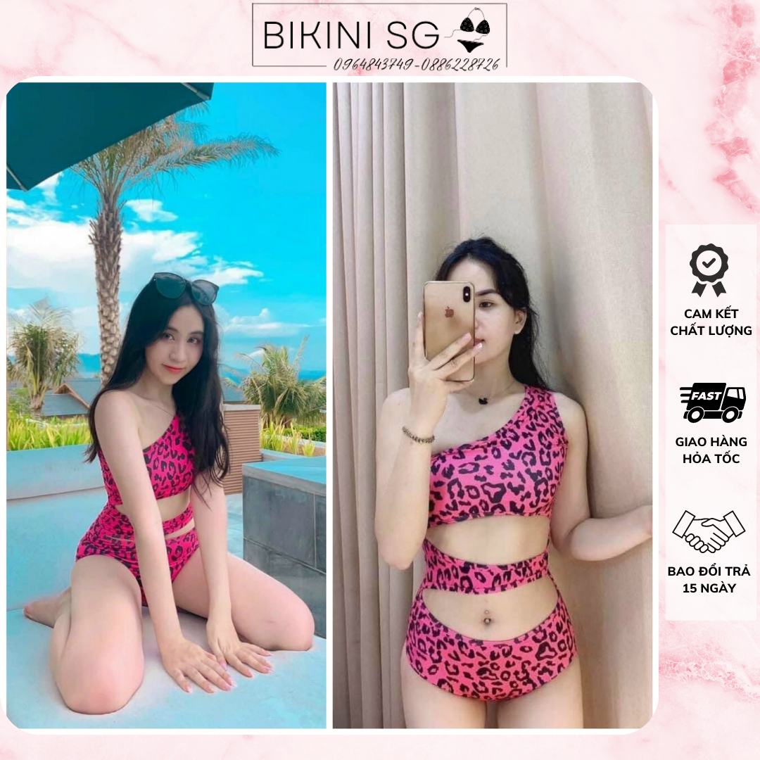 Bikini đồ bơi da beo hồng khoét eo đi biển tôn dáng HÌNH CHỤP THẬT