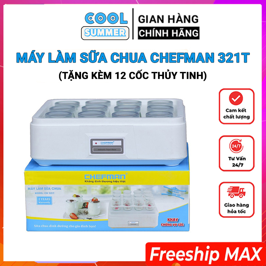 Máy làm sữa chua CHEFMAN CM-321T tặng kèm 12 cốc thủy tinh, có Khay Chống Vỡ An Toàn, Đảm Bảo An Toàn Vệ Sinh - Bảo hành 24 tháng