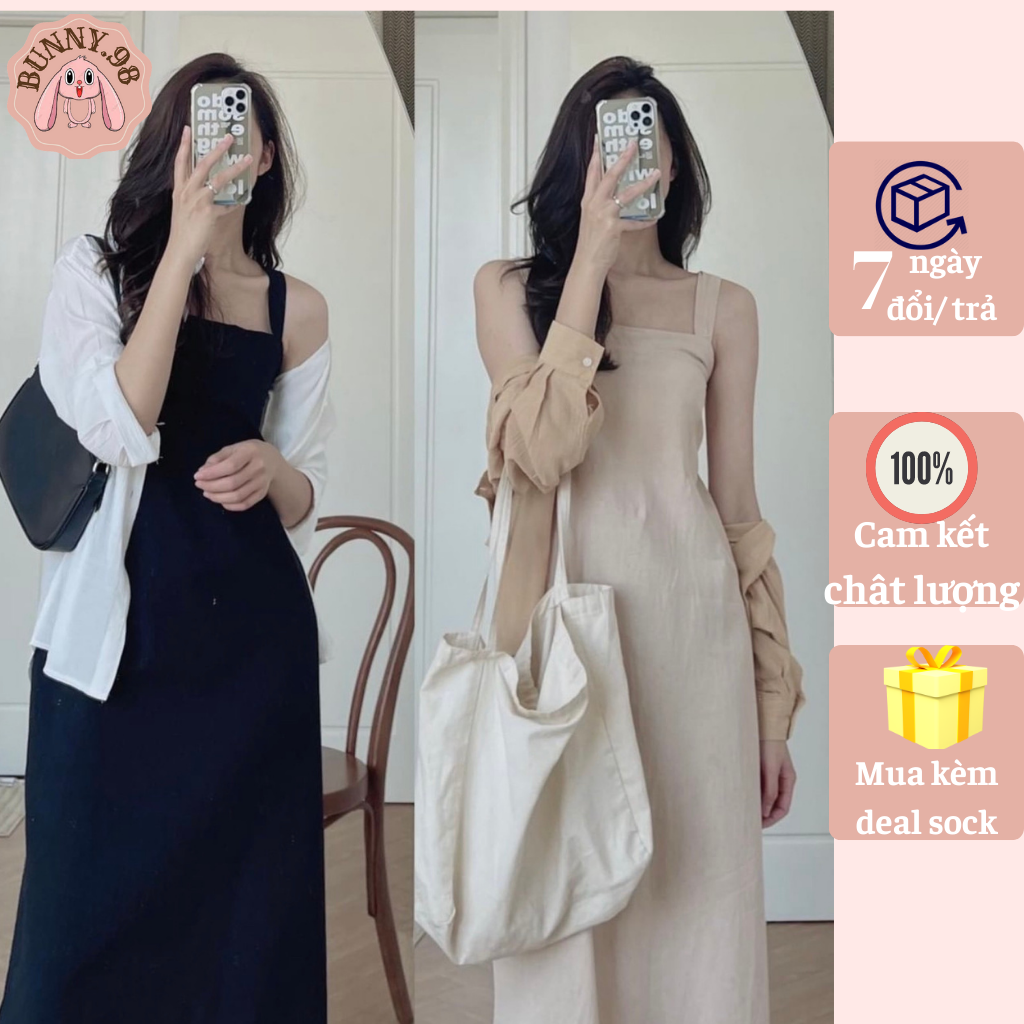 Sét váy 2 dây thô đũi kèm sơ mi chất tơ nhăn