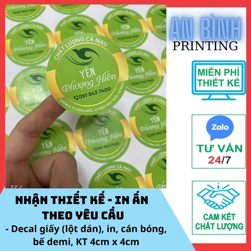COMBO 500 TEM NHÃN, STICKER, LOGO...IN, THIẾT KẾ, CẮT, BẾ THEO YÊU CẦU ,CHẤT LIỆU DECAL GIẤY LỘT DÁN, CÁN MÀNG KT 4cmx4cm, An Bình printing
