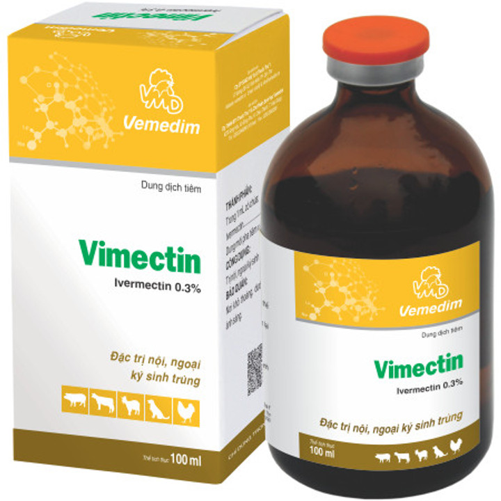 Trị ve, bọ chét, giun sán cho chó, mèo, heo, bò, dê, gà, vịt, Vimectin 100 ml (0.3%), dung dịch tiêm. Trị nội ngoại ký sinh trùng. Avet Shop