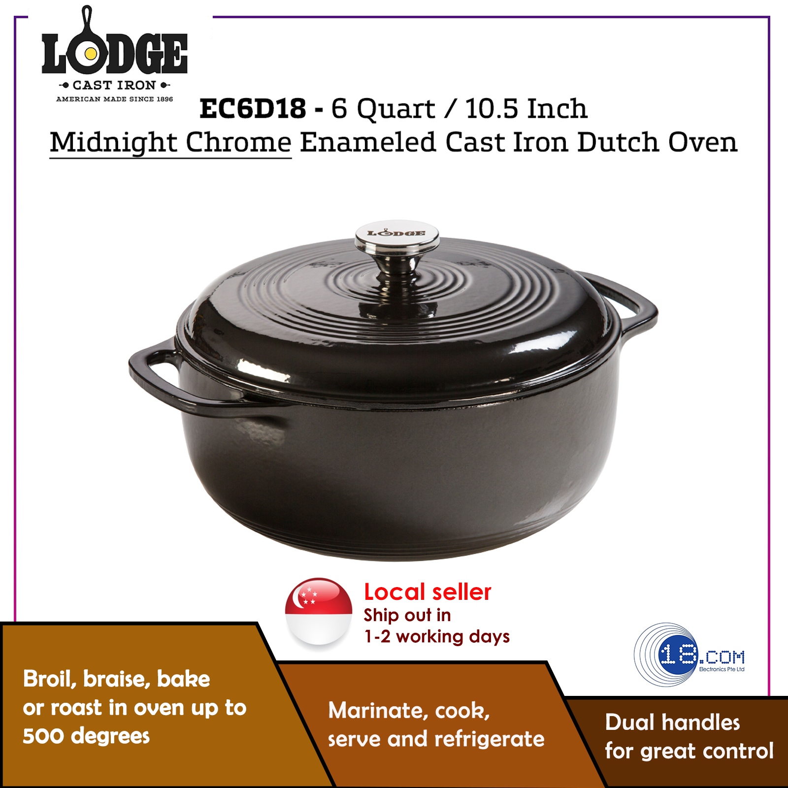 Lodge Cast Iron 6 Quart Enameled Cast Iron Dutch Oven, Midnight