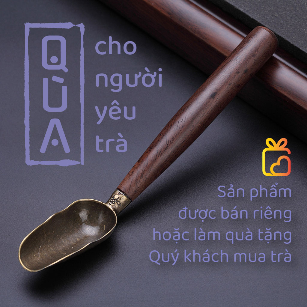 Muỗng trà cán gỗ mun, thìa xúc chè hợp kim chạm khắc hoa văn, trà cụ phụ kiện trà đạo, bảo hành 12 tháng