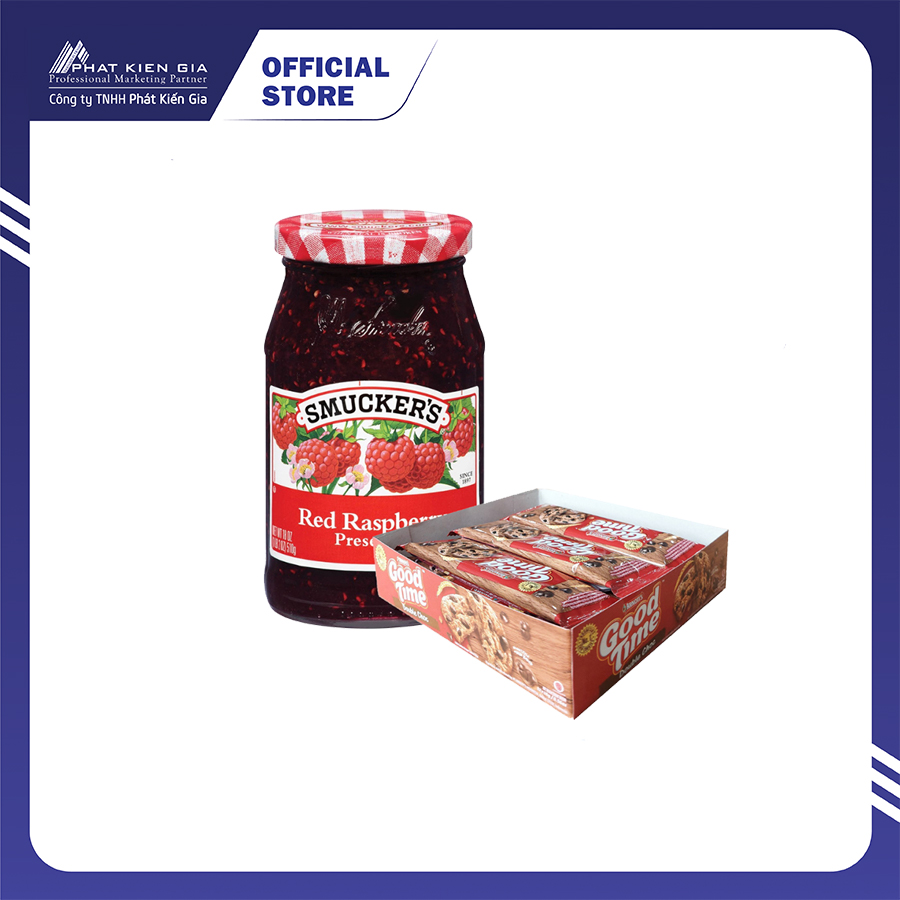 Combo 1 chai mứt mâm xôi đỏ smucker's 340g + 1 hộp bánh quy socola arnott's goodtime 192g