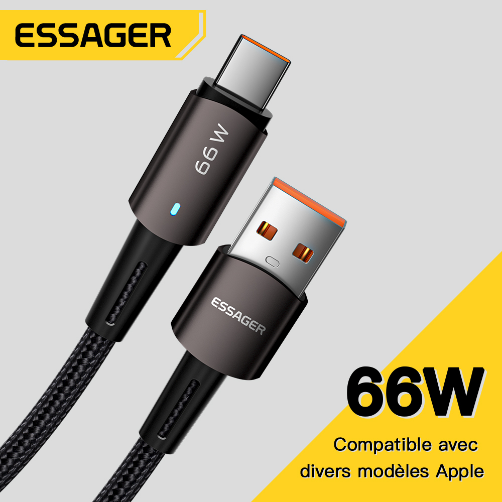 Essager Cáp USB C Hợp Kim Nhôm LED 6a 66W Cho Samsung Xiaomi Oppo Huawei Mate 40 Pro Sạc Nhanh Cáp D