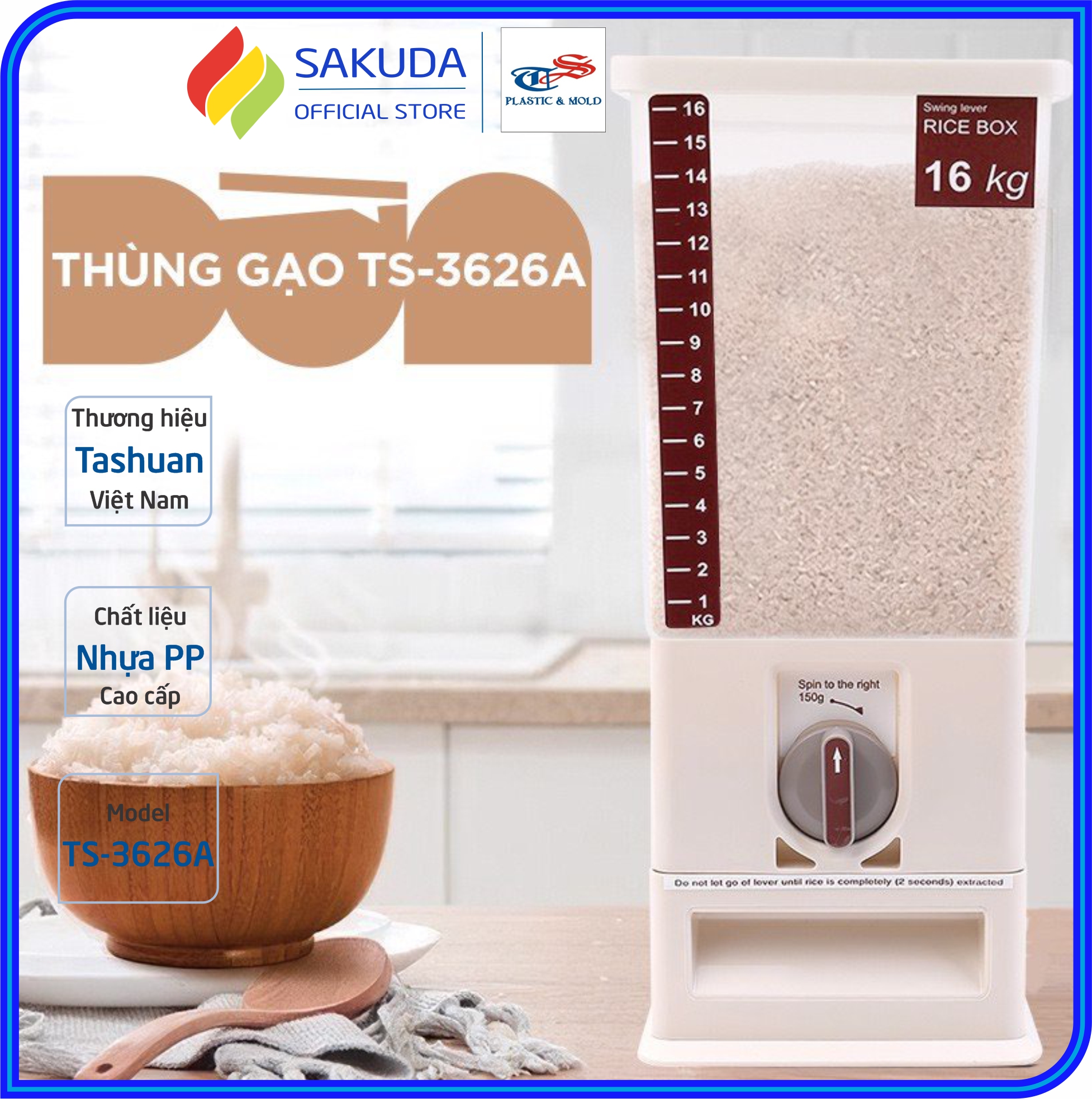 [HÀNG TỐT - GIẢM THÊM 8%] Thùng Đựng Gạo Thông Minh Xuất Khẩu Tashuan TS-3626A/B, Loại 10kg và 16kg, Chất Liệu PP Nhựa Cao Cấp, Thiết Kế Chắc Chắn Tiện Dụng.