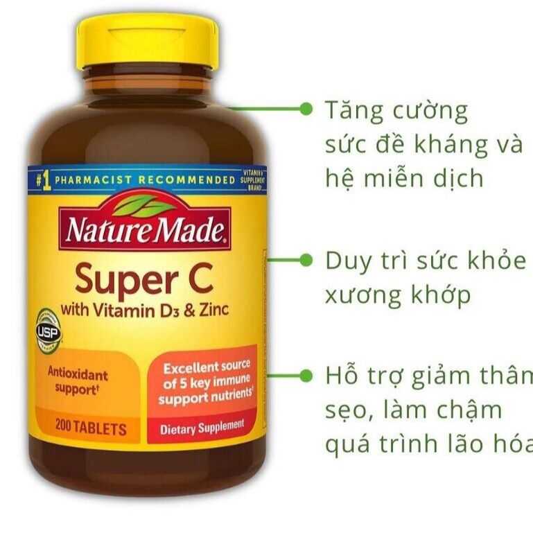 Viên Super C tăng cường hệ thống miễn dịch Na.ture Made Super C with Vitamin D3 và Znc của Mỹ hộp 200 viên