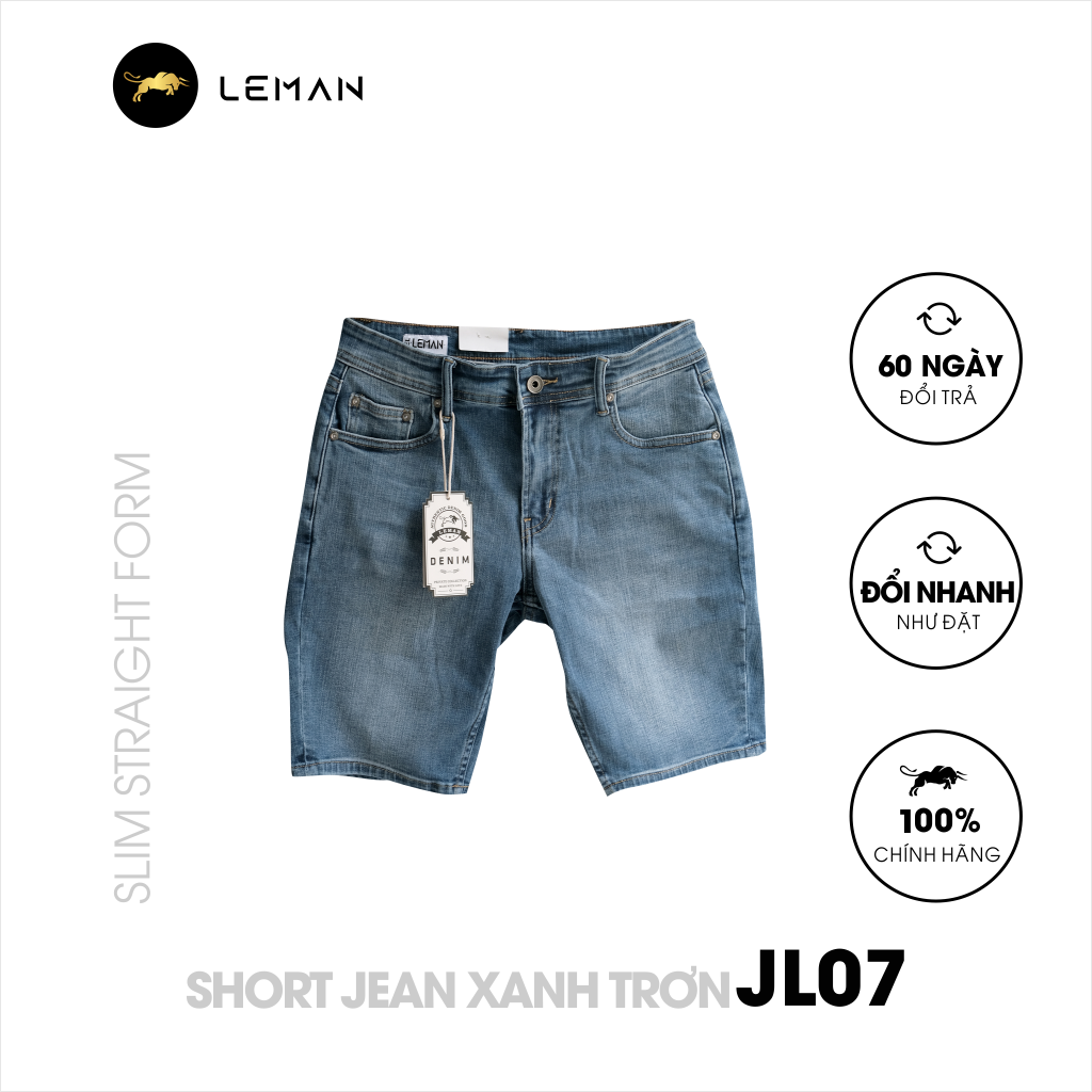 Quần Short Jean nam Leman xanh trơn 07 - Slim straight Form