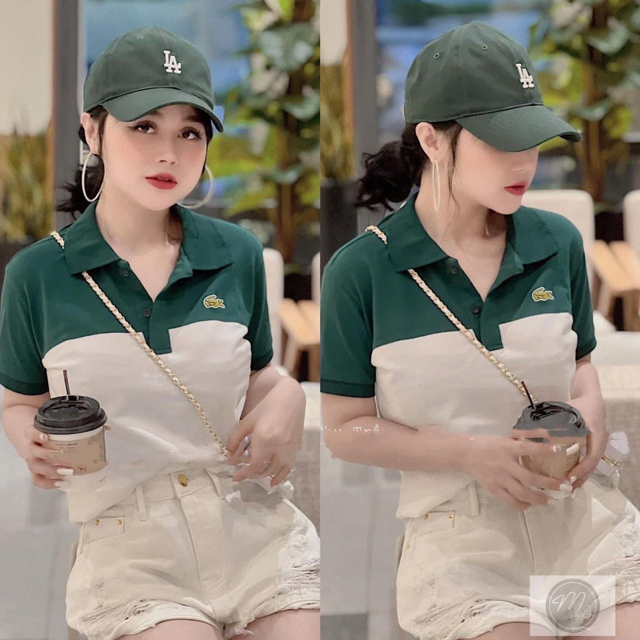Áo polo nữ cá sấu cổ xanh rêu thân trắng