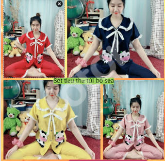 Đồ bộ nữ đẹp kiểu dáng tiểu thư sang chảnh túi thêu hình bò sữa Freesize dưới 55kg