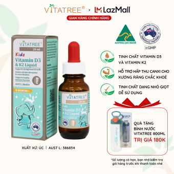 Tinh chất D3 K2 hỗ trợ hấp thu canxi cho trẻ từ 6 tháng tuổi - Vitatree Kids Vitamin D3 & K2 Liquid 20ml
