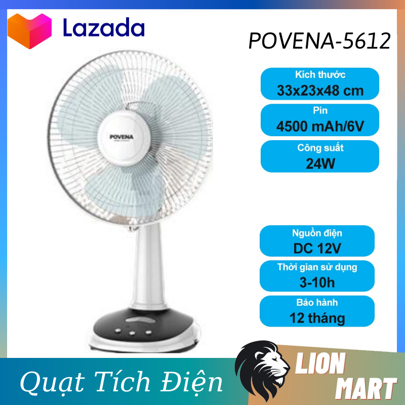 Quạt Sạc Povena 5612 Quạt Sạc Tích Điện Công Suất 24W Thiết Kế 2 Cổng Sạc 12V Và Cổng USB 5V Cho SmartPhone