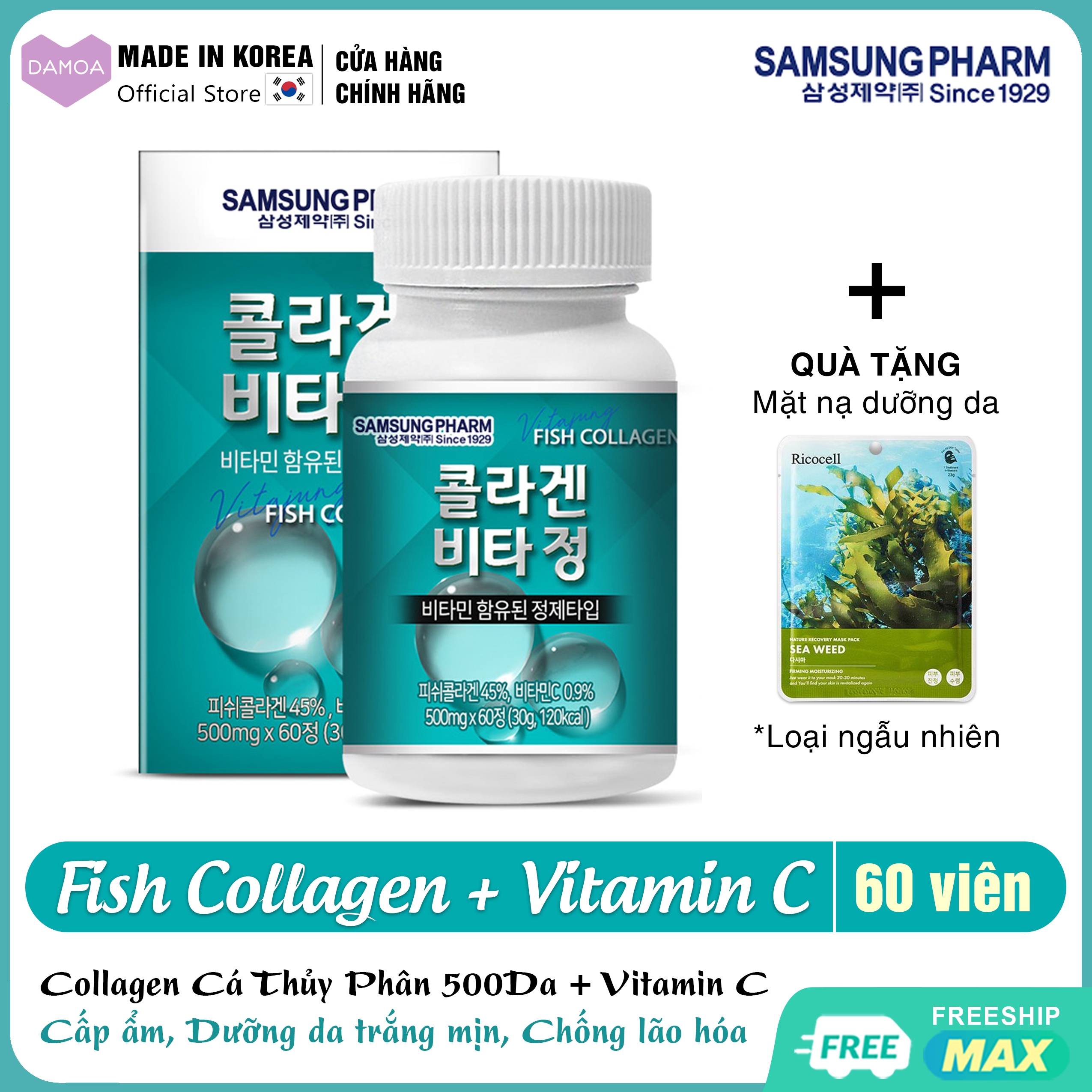 Lọ 60 Viên Collagen cá Peptide 500Da & Vitamin C SAMSUNG PHARM Hàn Quốc - Cấp ẩm, Trắng mịn, Chống lão hóa da (Liệu trình 2 tháng)