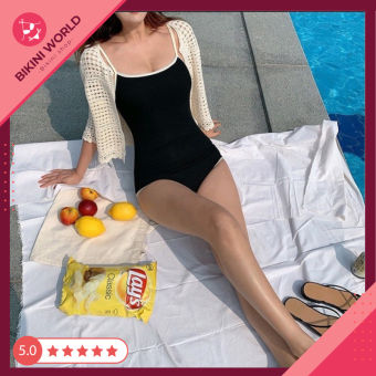 Đồ Bơi Bikini Liền Thân 1 Mảnh Bodysuit Đen Viền Trắng Khoét Lưng . BKN026