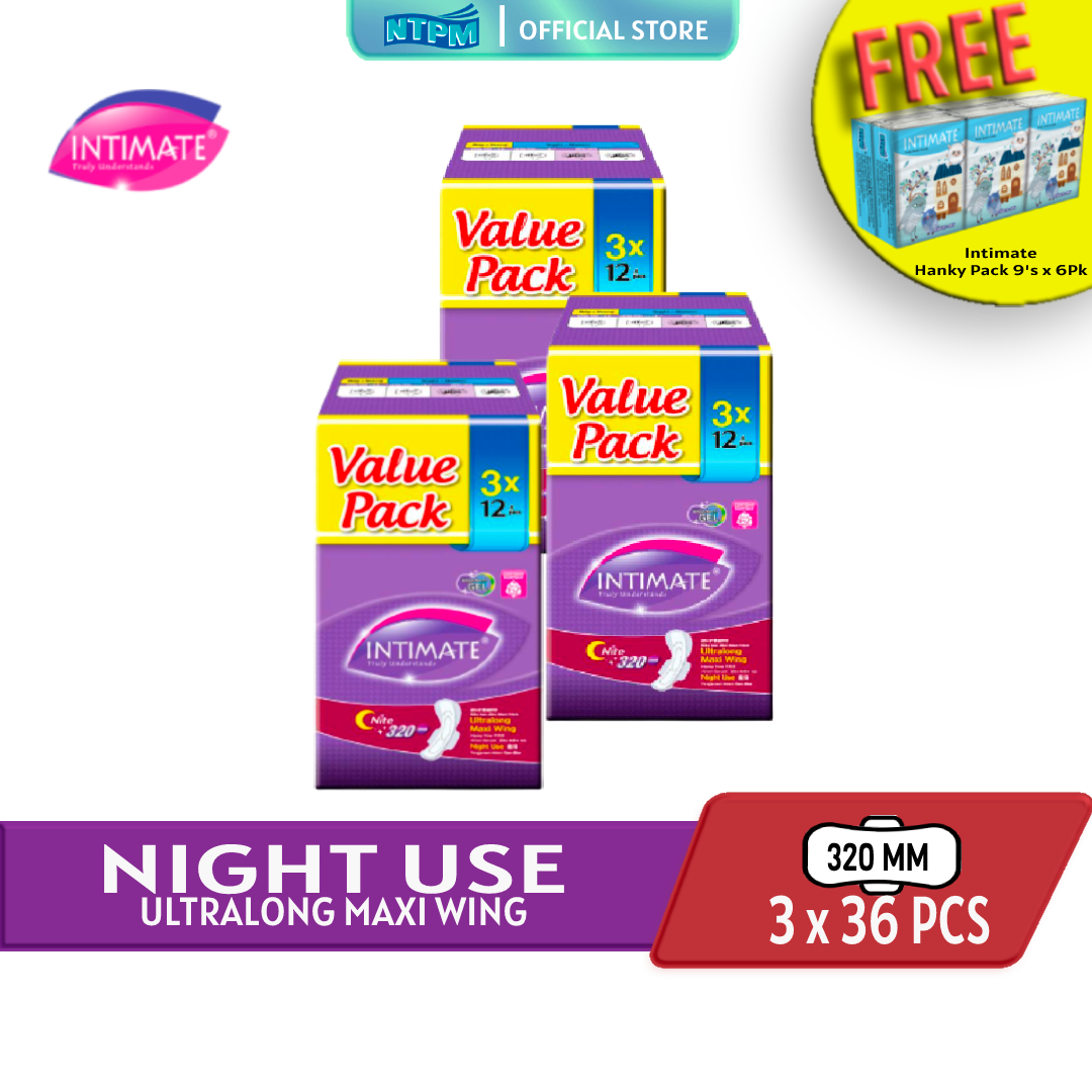 Intimate Nite Ultrlong Maxi Wing 320mm (12's x 3) x 3Pkt -  FREE Intimate Hanky pack 9's x 6pkt