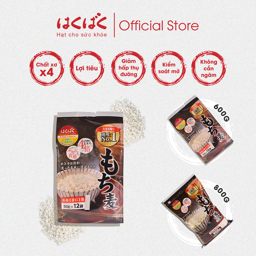 [FLASHSALE 89K] Hạt Đại Mạch Hakubaku gói 800g , Chất xơ x4 , Lợi tiêu , Ngăn hấp thụ đường , Không cần ngâm