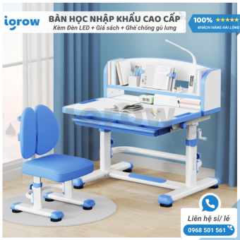 Bàn học thông minh cho bé chống gù mã R8 NÂNG CẤP [SIZE TO] Bộ bàn ghế học sinh có giá sách HÀNG CÓ SẴN