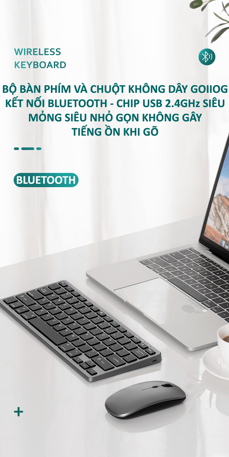 Bộ bàn phím và chuột không dây KB-178 GOIIOG kết nối BLUETOOTH - CHIP USB 2.4GHz siêu mỏng, nhỏ gọn không gây tiếng - NK