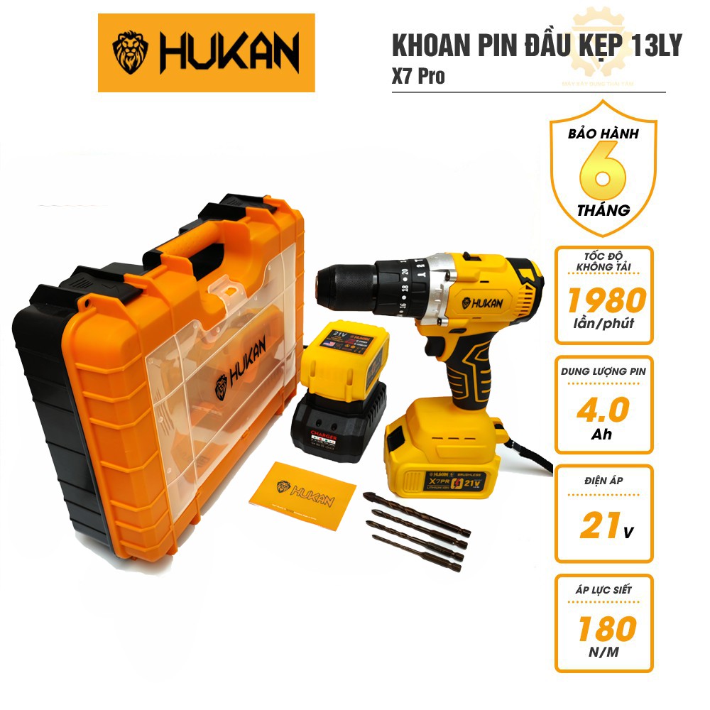 Máy khoan pin HUKAN X7 Pro không chổi than đầu kẹp 13 ly pin 21V 10cell tặng kèm 4 mũi khoan máy