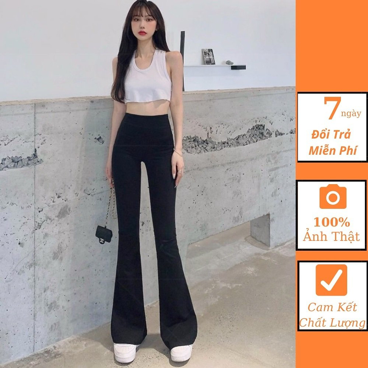 Quần loe nữ, quần loe legging dáng dài cạp chun lưng cao màu đen cá tính