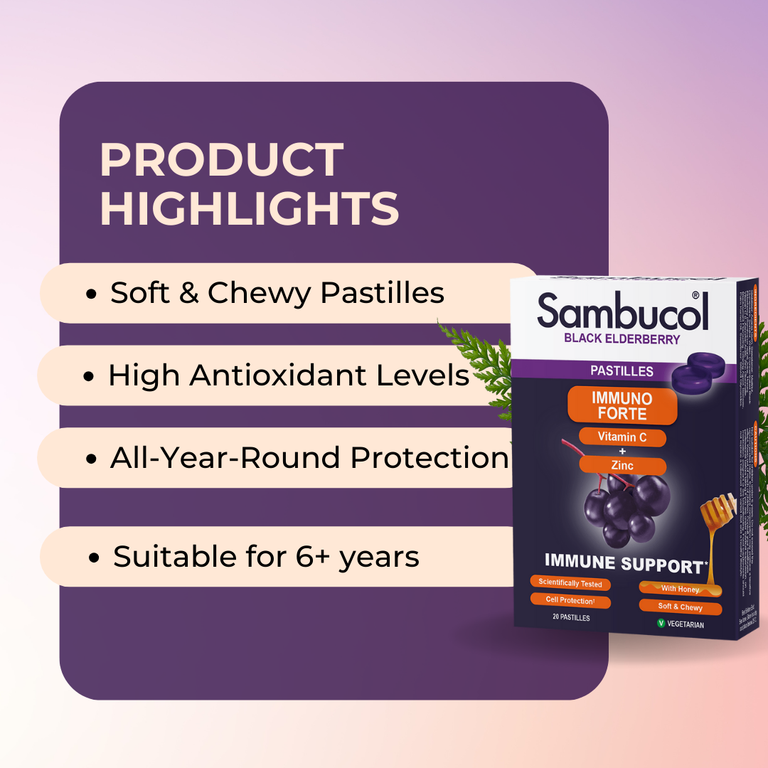 Sambucol Immuno Forte, PLUS Soothing Honey + Vitamin C + Zinc, Support Immune, 20 Pastilles, Product Highlights