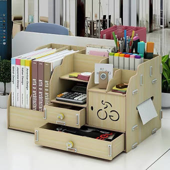 Kệ sách gỗ để bàn đựng bút đựng khăn giấy có 2 ngăn kéo VP03 - Kem