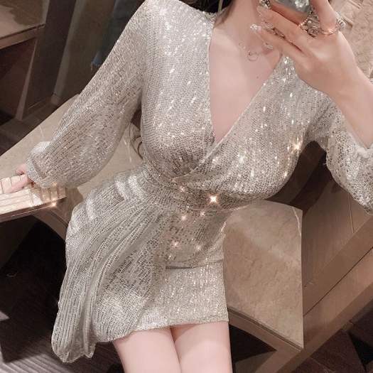 đầm kim sa lấp lánh Phụ nữ Pháp Đầm dự tiệc 2022 New Sequin Dress Slim váy kim sa nữ V Cổ dài Tay áo Váy Nổi tiếng Tính khí Bất thường Ăn mặc