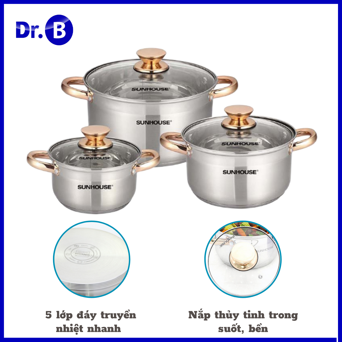 Bộ nồi sunhouse inox 5 đáy sh781 16, 20, 24 cm