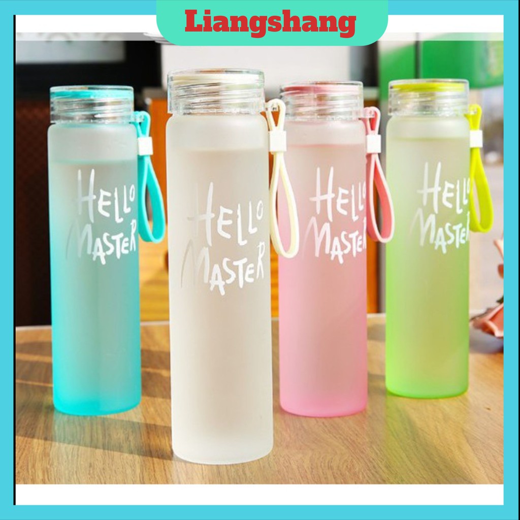 Bình nước thủy tinh dung tích 450ml hello master/ bình đựng nước có dây xách