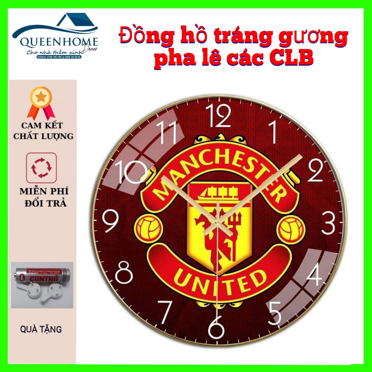 [SALE HOT+QUÀ] Đồng Hồ Treo Tường Pha Lê Nguyên khối Tráng Gương Cao Cấp - CLB Thể Thao size 35cm - Cực kỳ sáng bóng, độ tương phản cao, máy ĐH kim trôi, chạy êm tai. Tặng pin và móc treo ko cần khoan tường- BH 12 tháng, 1 đổi 1