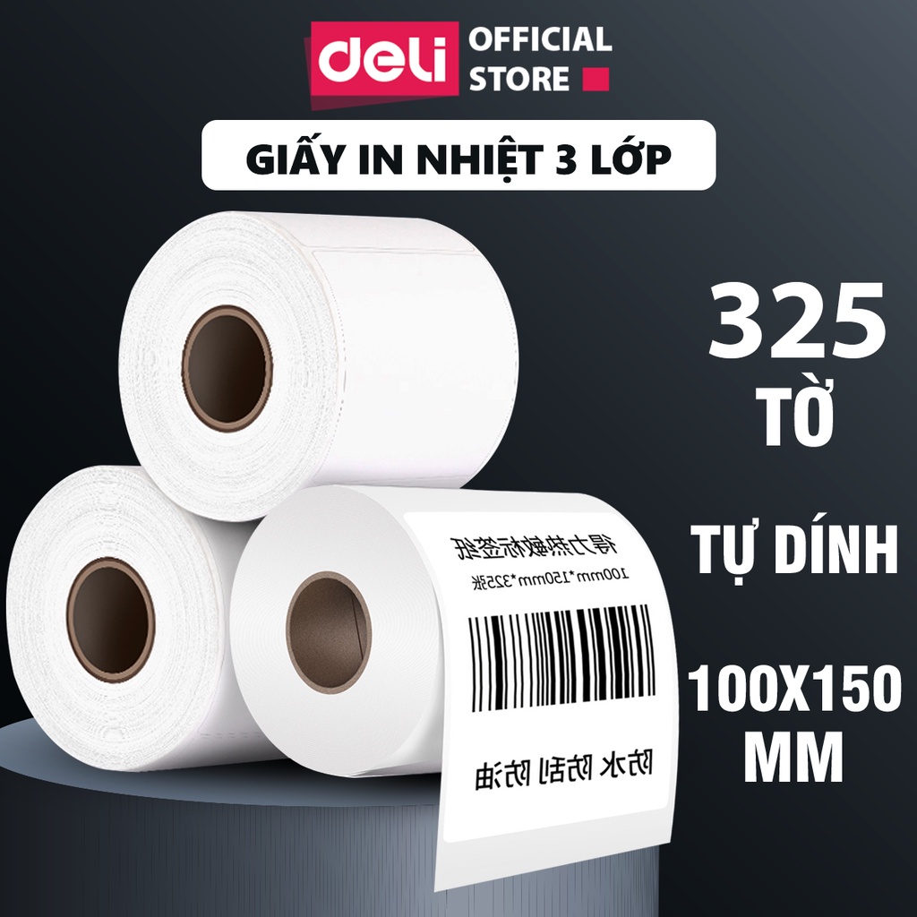 Giấy In Nhiệt Tự Dính Deli 3 Lớp Cuộn 325 Tờ 10x15cm - Dùng Cho Đơn Hàng TMĐT, Mã Vạch, Hóa Đơn - Không Phai Mực - 12308
