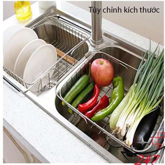 Khay Inox gác lên bồn rửa chén size lớn tùy chỉnh kích thước tiện lợi gọn gàng đựng đĩa chén trái cây