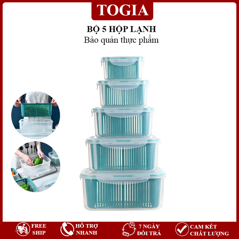 Bộ hộp lạnh - set 5 hộp đựng thực phẩm bảo quản tủ lạnh đa năng 2 lớp có nắp đậy cao cấp togia