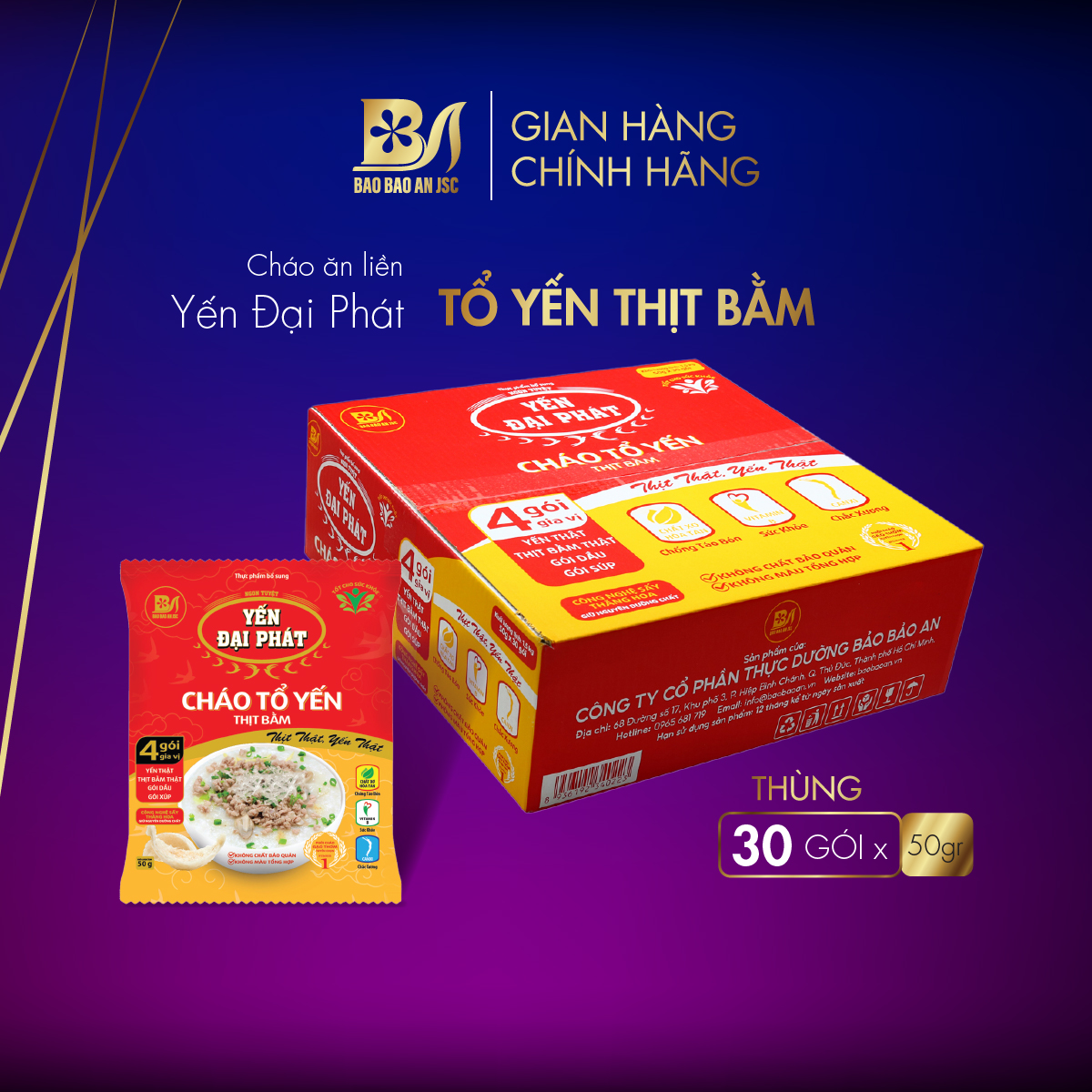 Cháo Tổ Yến Thịt Bằm  (30 gói x 50gram / Thùng) 4 gói gia vị, ăn liền, tiện lợi, thơm ngon, dinh dưỡng cao Bao Bao An JSC
