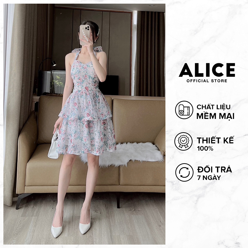 Váy hai dây tiểu thư thắt nơ alice chất tơ óng thoáng mát, thiết kế 3 tầng họa tiết hoa v814