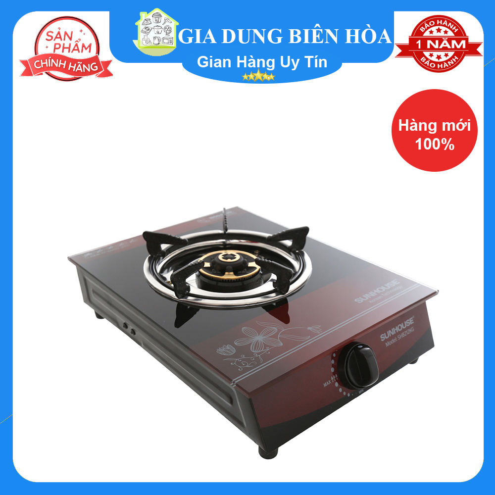 Bếp ga đơn Sunhouse SHB212KG-Đánh lửa Magneto độ bền cao Gas tiêu thụ:0.22 kg/h/lò Mặt bếp:Kính cường lực Đầu đốt:Đầu đốt kín tiết kiệm gas, Chất liệu Đồng thau cho lửa xanh Tiện ích: Nấu nha