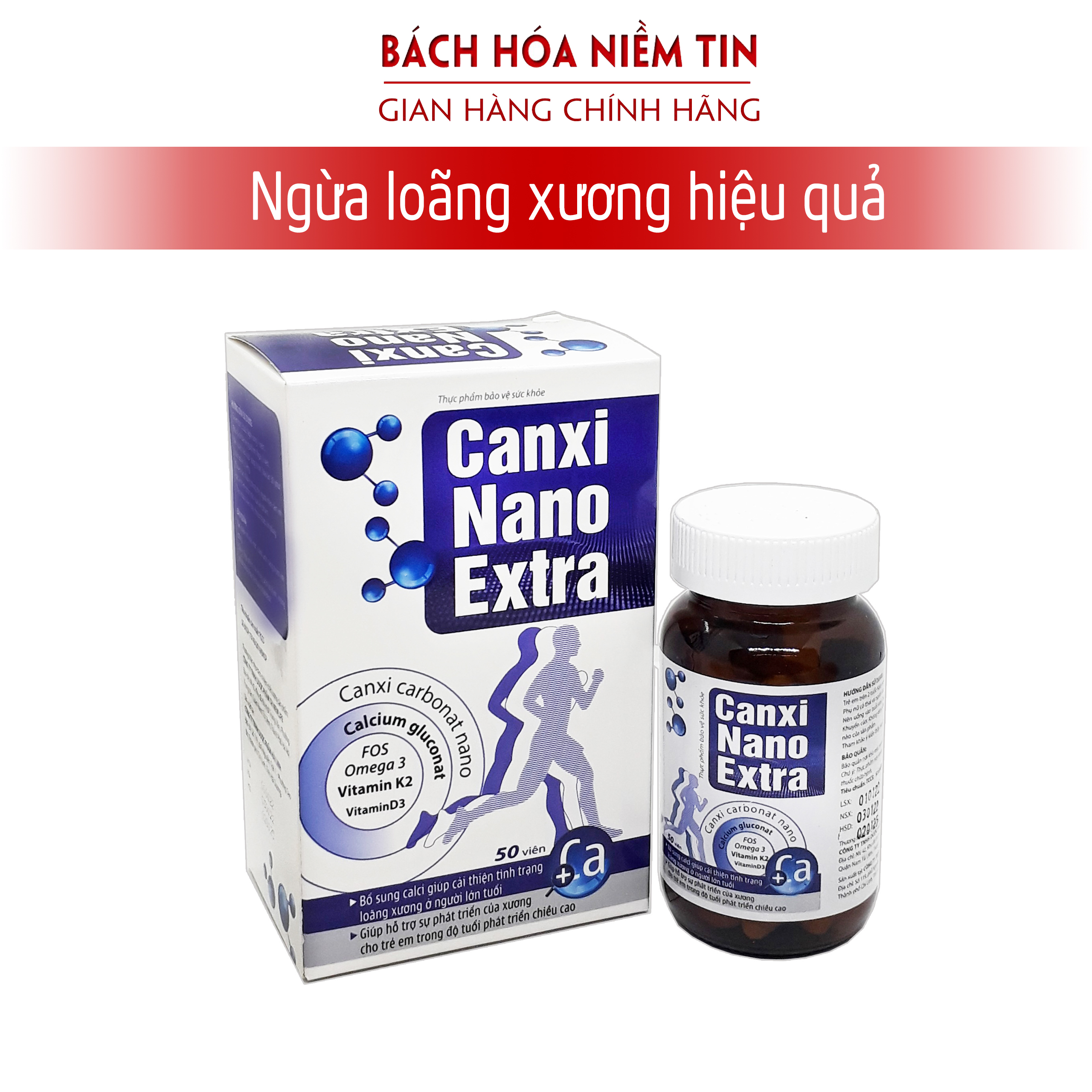 Viên uống phát triển chiều cao CANXI NANO EXTRA - Bổ sung Canxi Vitamin D3. MK2 giúp phát triển chiều cao ngừa loãng xương hiệu quả - Hộp 50 viên chuẩn GMP Bộ Y tế