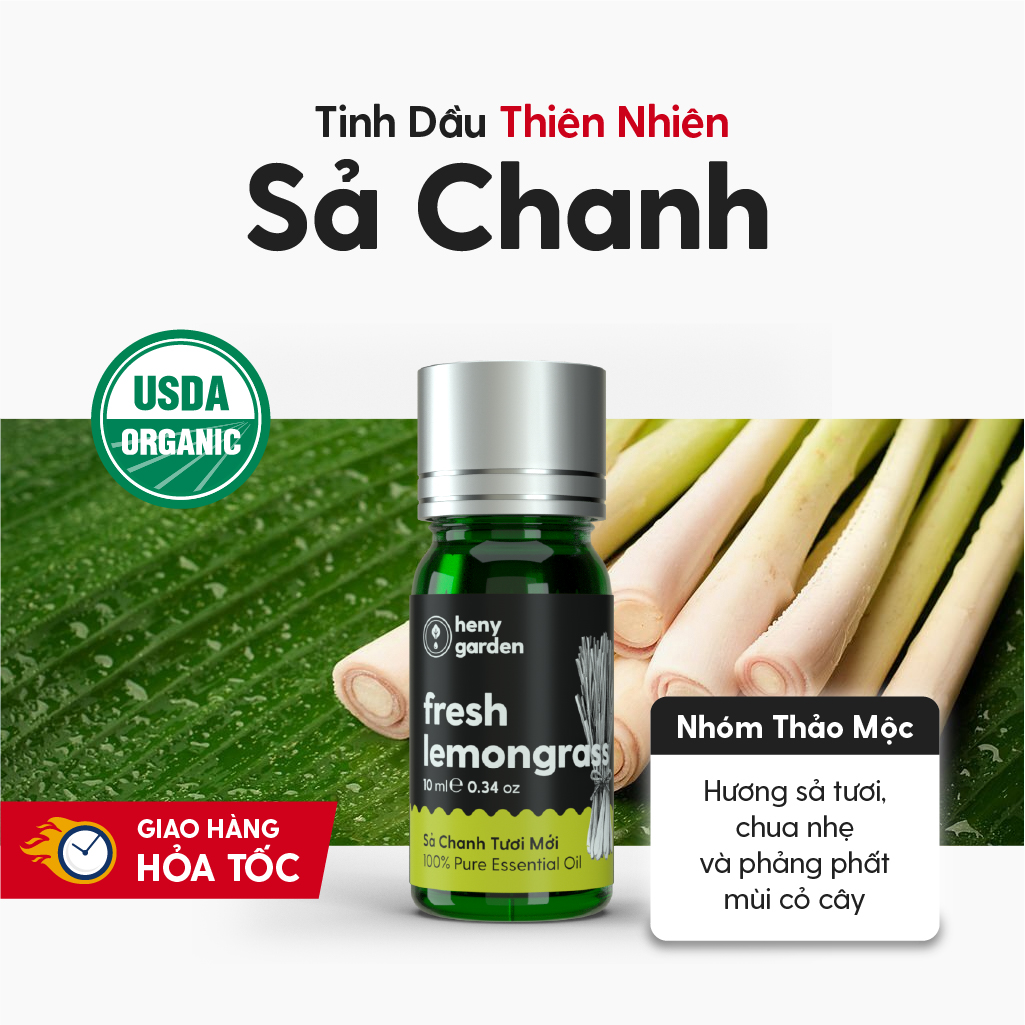 Tinh Dầu Thơm Phòng Sả Chanh Organic Thiên Nhiên Nguyên Chất Đậm Đặc HENY GARDEN Xông Thơm Phòng, Làm Nến Thơm Thư Giãn Giúp Dễ Ngủ 10mL