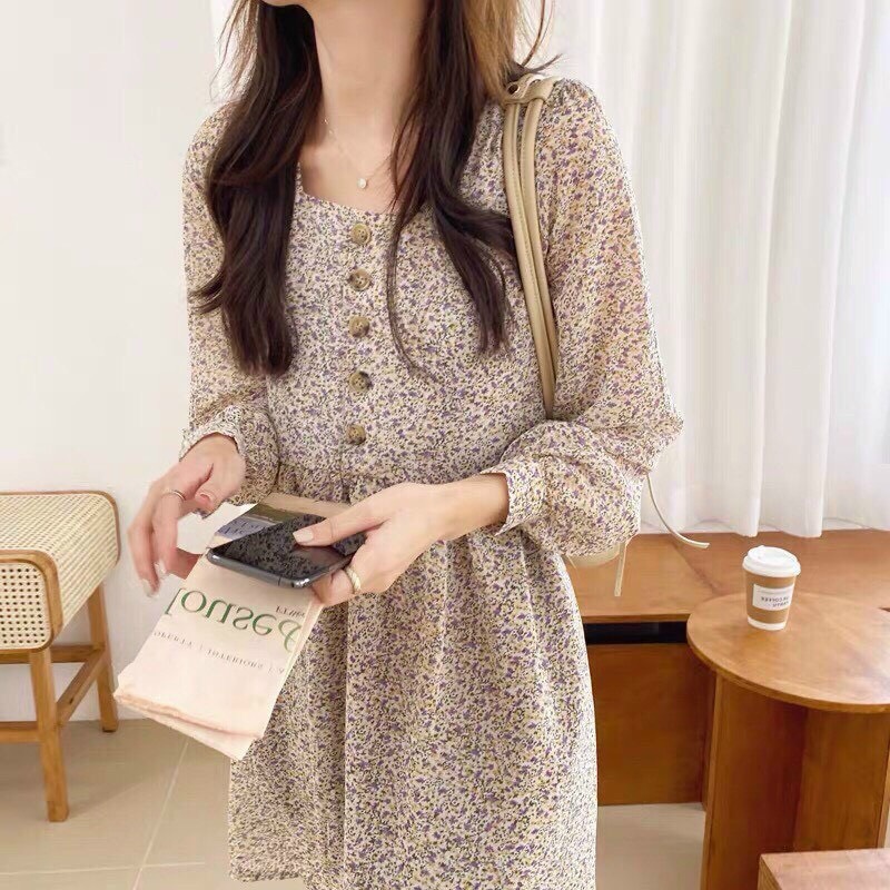 Đầm vintage dáng xòe, đầm hoa nhí tay phồng, đầm cổ vuông đính nút, đầm midi hoa nhí hàn quốc dễ thương