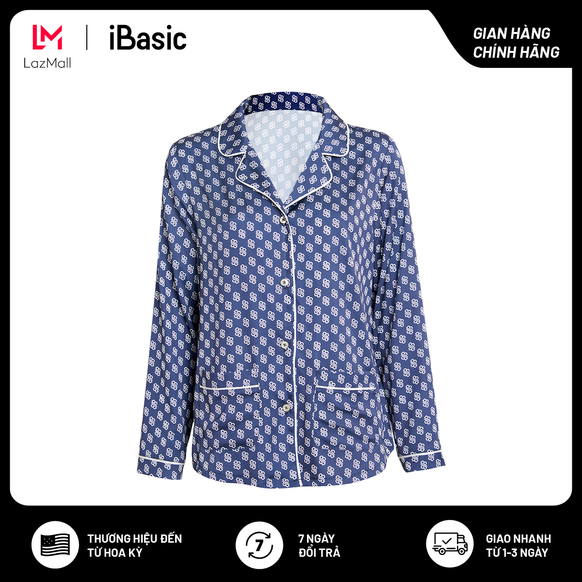 Áo pyjama nữ lụa mặc nhà Satin tay dài hoạ tiết icon iBasic HOMW029T