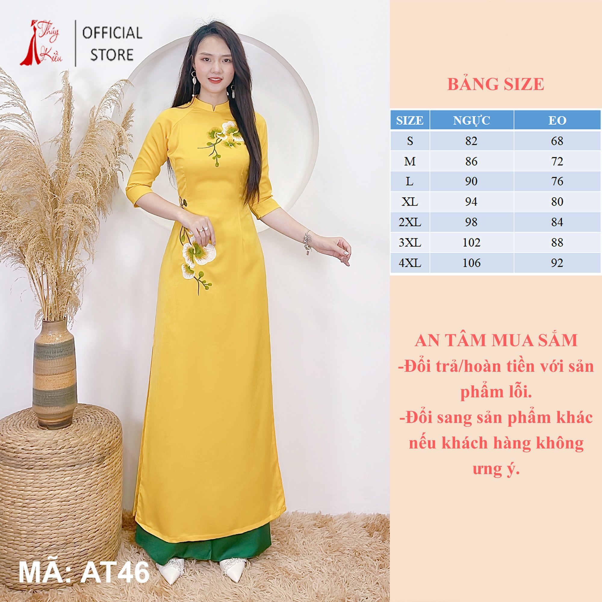 Áo dài lụa Tây Thy nền vàng thêu hoa lan AT46 mềm mại, co giãn, áo dài giá rẻ