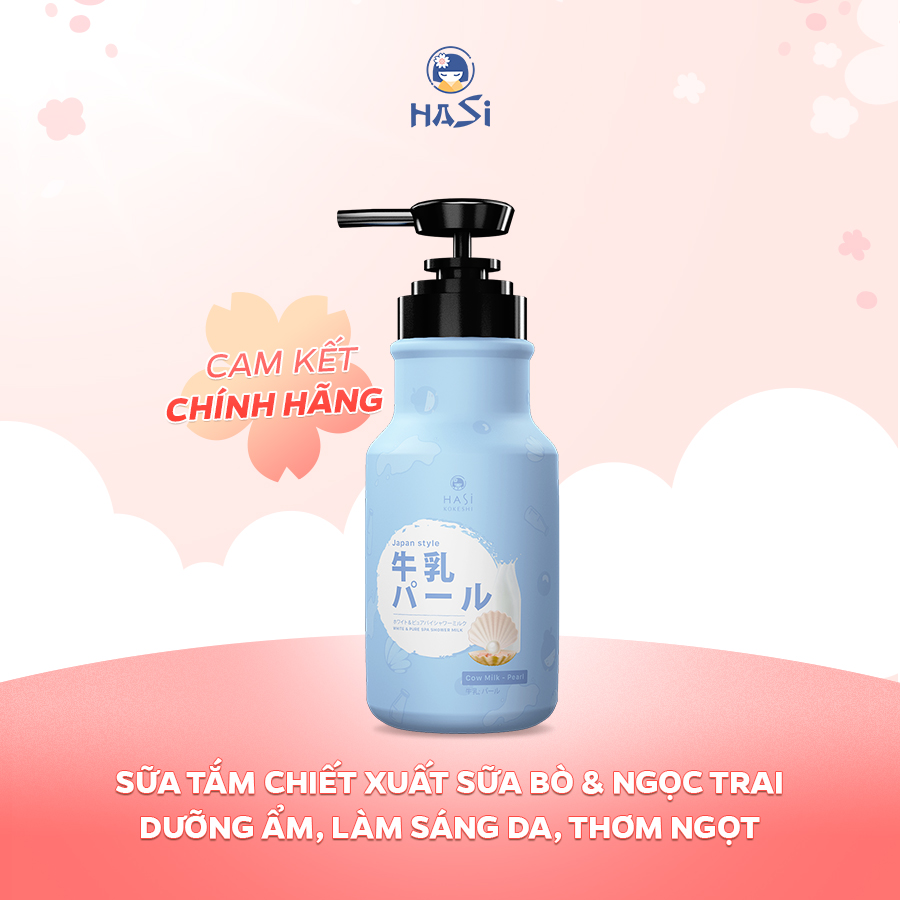 Sữa tắm chiết xuất sữa bò và ngọc trai hasi kokeshi white & pure spa shower milk with cow milk and pearl extract 600ml & 950ml