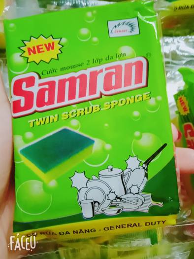 Miếng rửa chén bát 2 lớp da lợn vàng xanh SAMRAN (cước cọ rửa xoong nồi, mousse rửa chén)