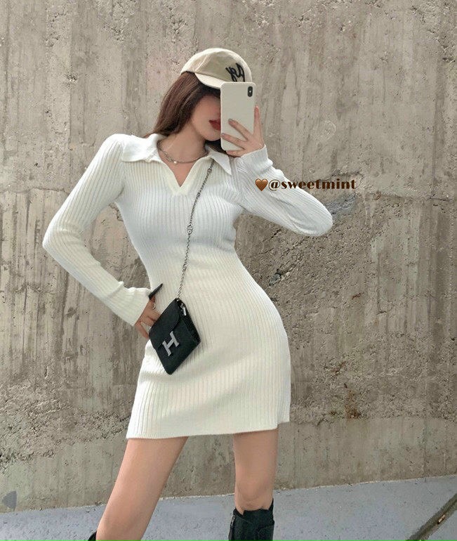 Đầm thun gân nữ, đầm body cổ bẻ xẻ sâu, đầm nữ ôm body tôn dáng, đầm thun tay dài quyễn rũ.