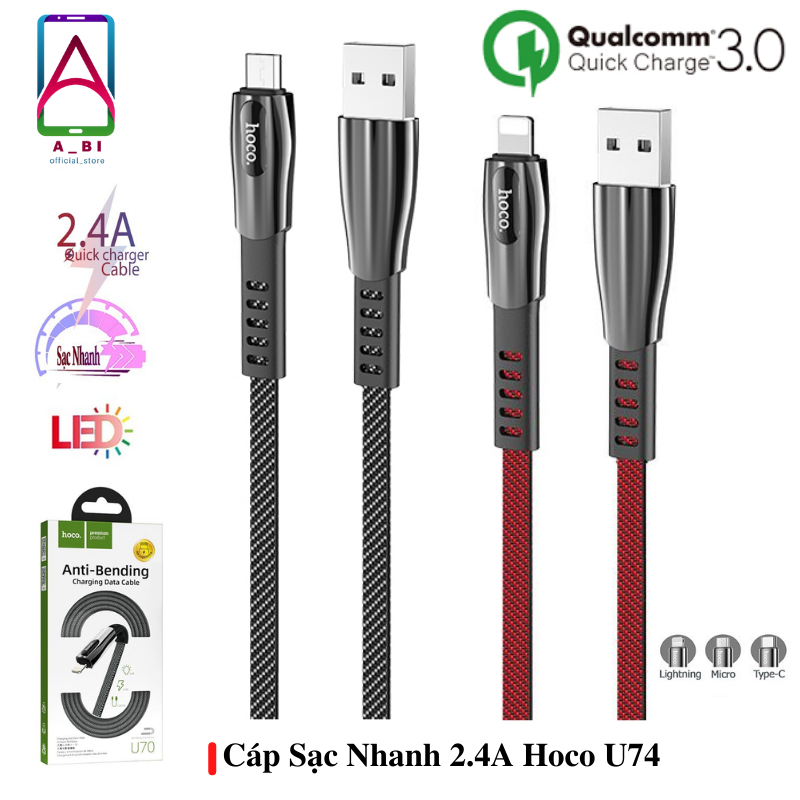 Cáp sạc nhanh 2.4a hoco u70 dây dù chống gãy đứt dùng cho iphone/ micro usb/ type-c