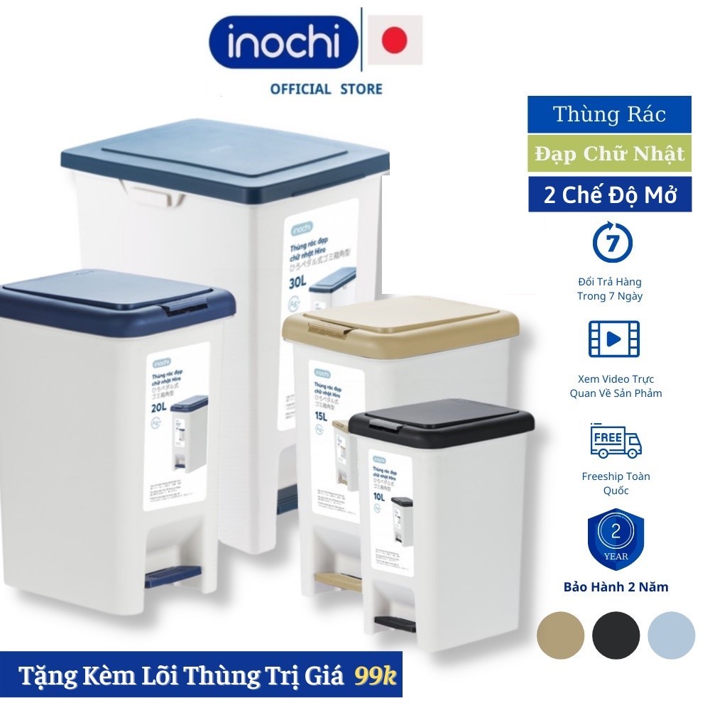 Thùng rác nhựa Đạp Chân Nắp Đậy Chữ Nhật HIRO INOCHI 30 Lít Làm Sọt Rác Văn Phòng Tặng kèm Lõi Tiện Dụng